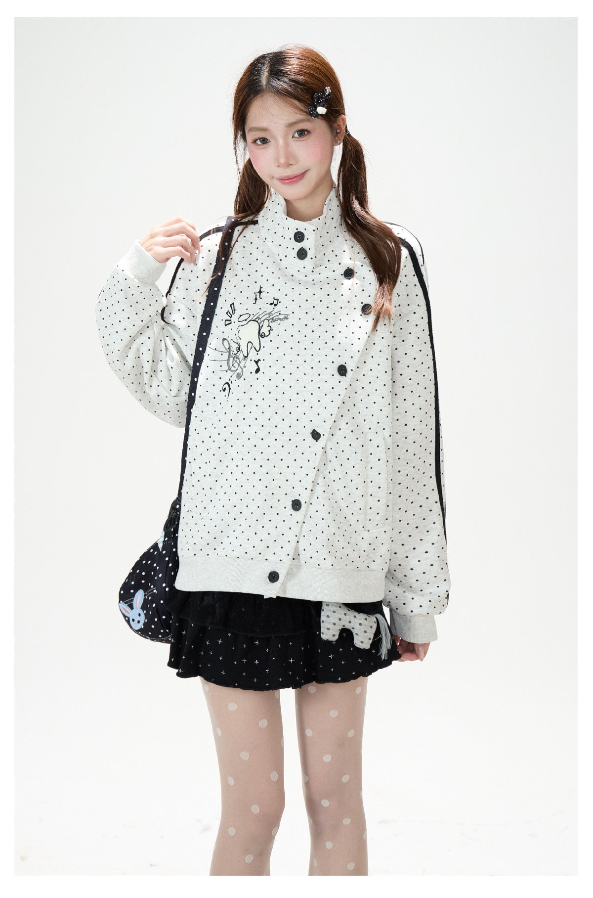 Polka-Dot Stripe Asymmetric Button Jacket & Black Tiered Mini Skirt