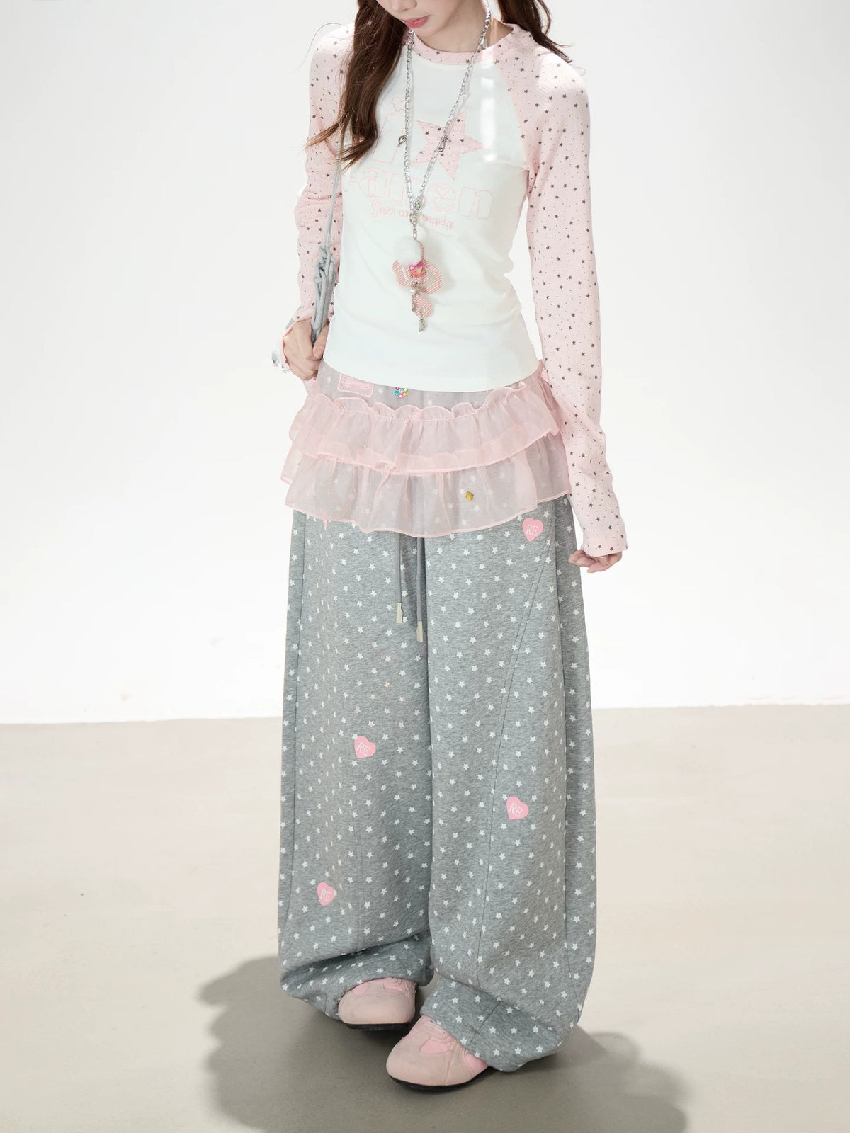 Pink Star Raglan Long Sleeve Top & Gray Heart Star Wide-Leg Pants
