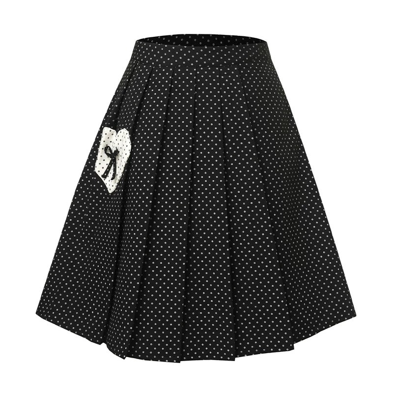 Plaid Hooded Long Sleeve Shirt & Black Polka-Dot Midi Skirt
