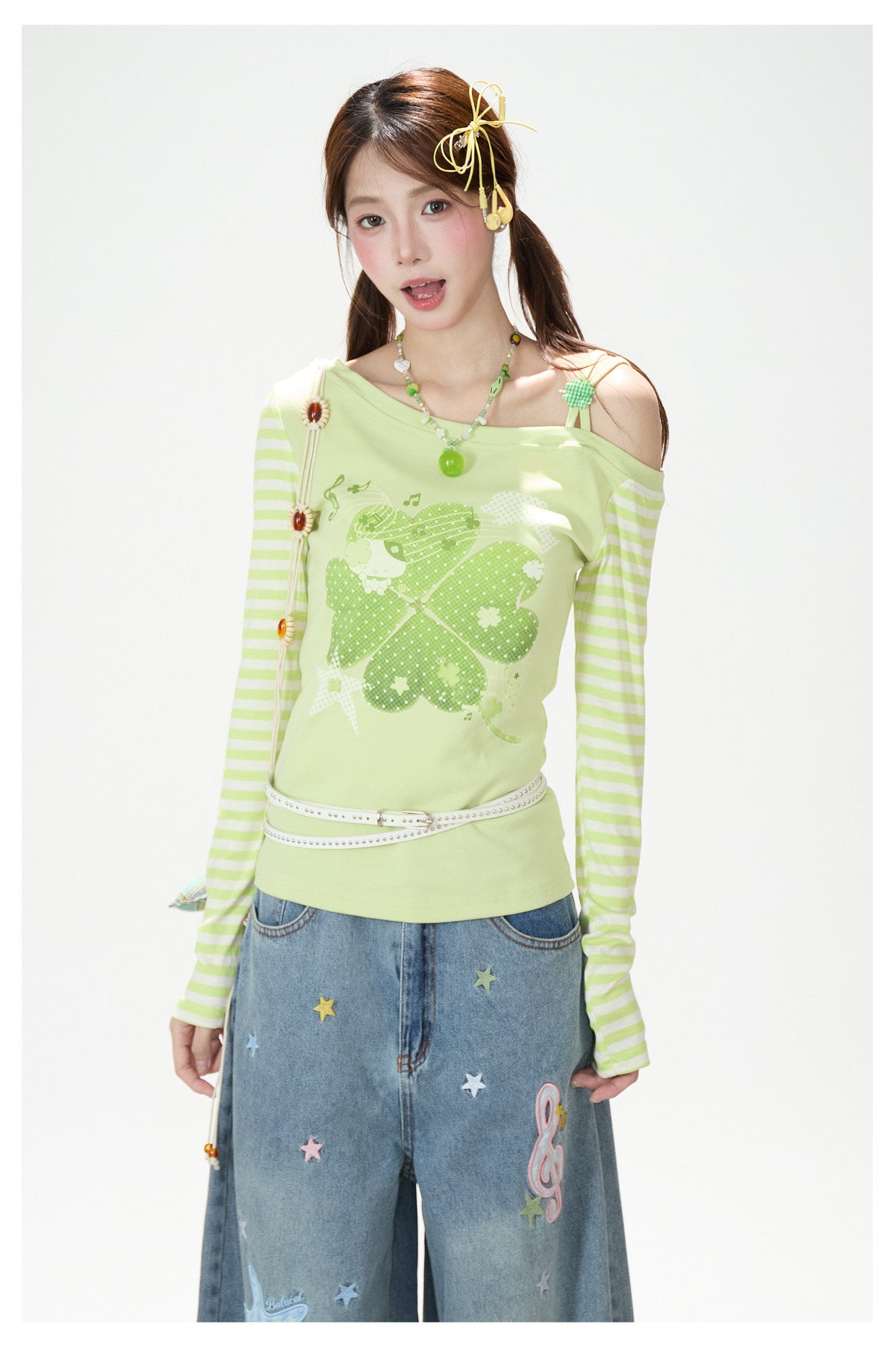 Clover Stripe Off-Shoulder Long Sleeve Top & Star Music Note Wide-Leg Jeans