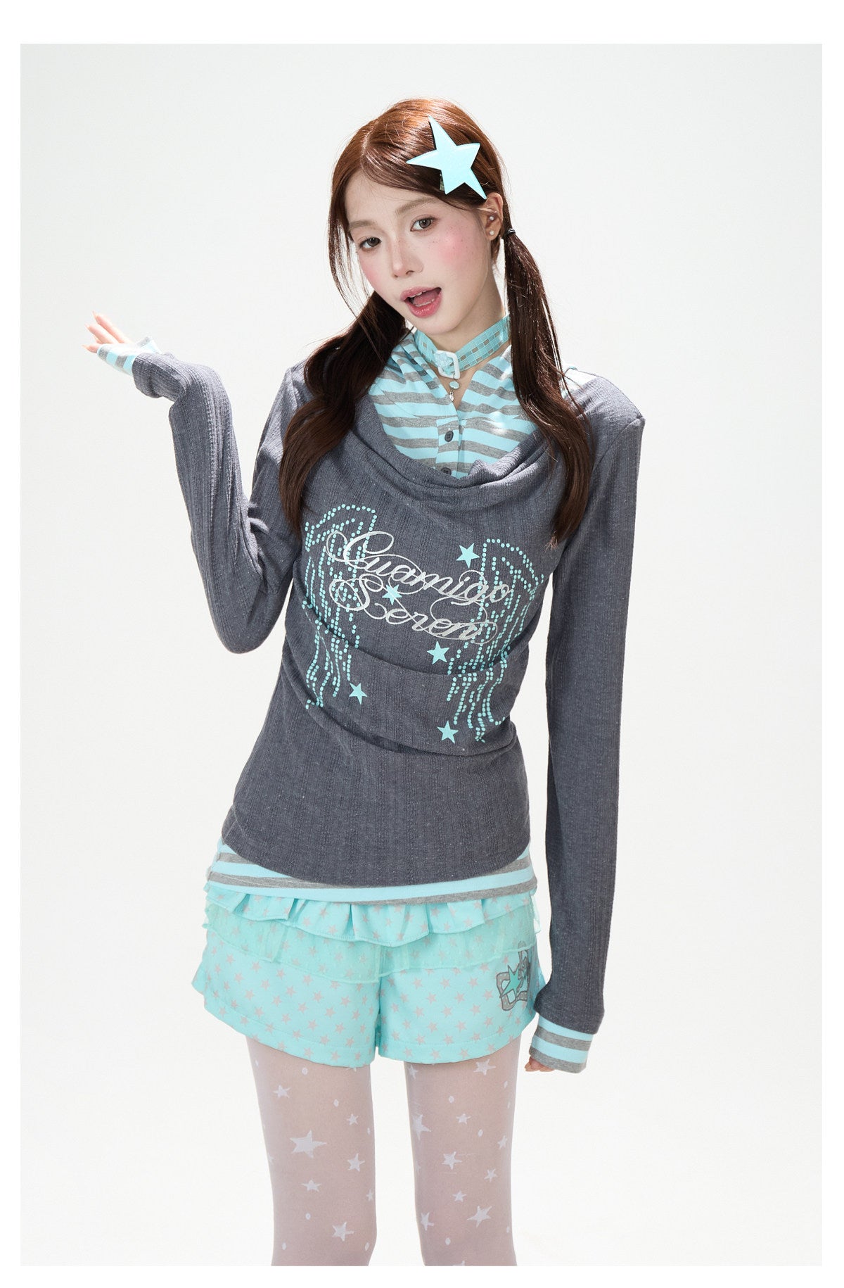 Angel Wing Graphic Hooded Stripe Layered Long Sleeve Top
