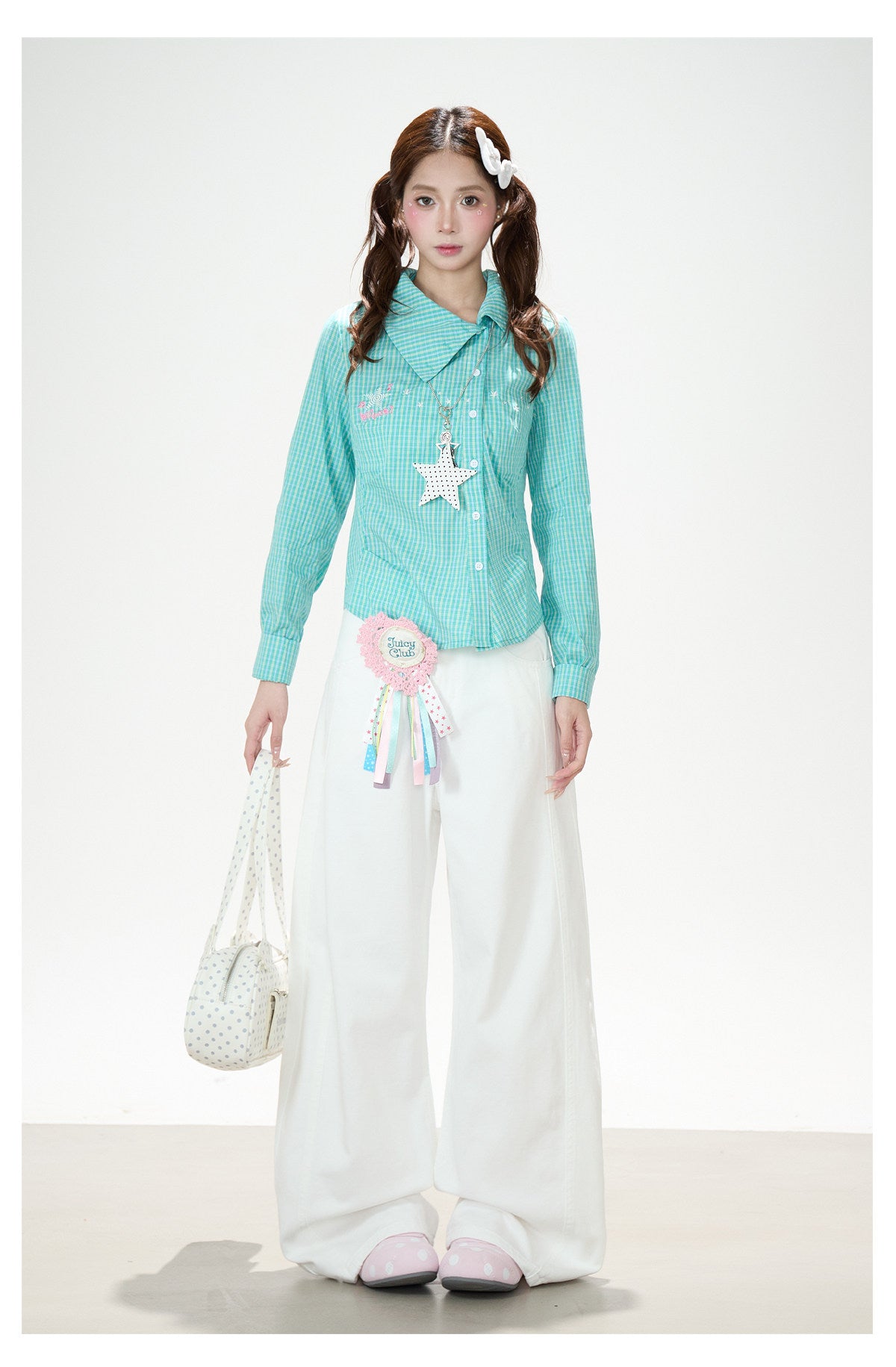Green Check Fitted Shirt & White Wide-Leg Pants