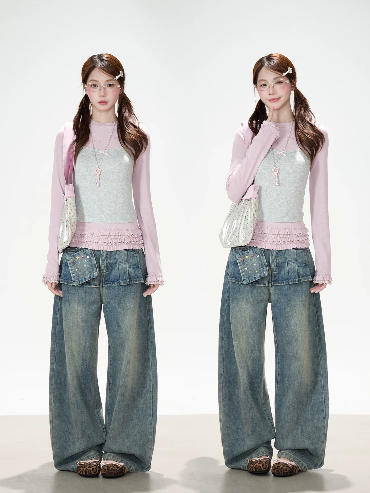 Gray Pink Layered Lace Ruffle Long Sleeve Top