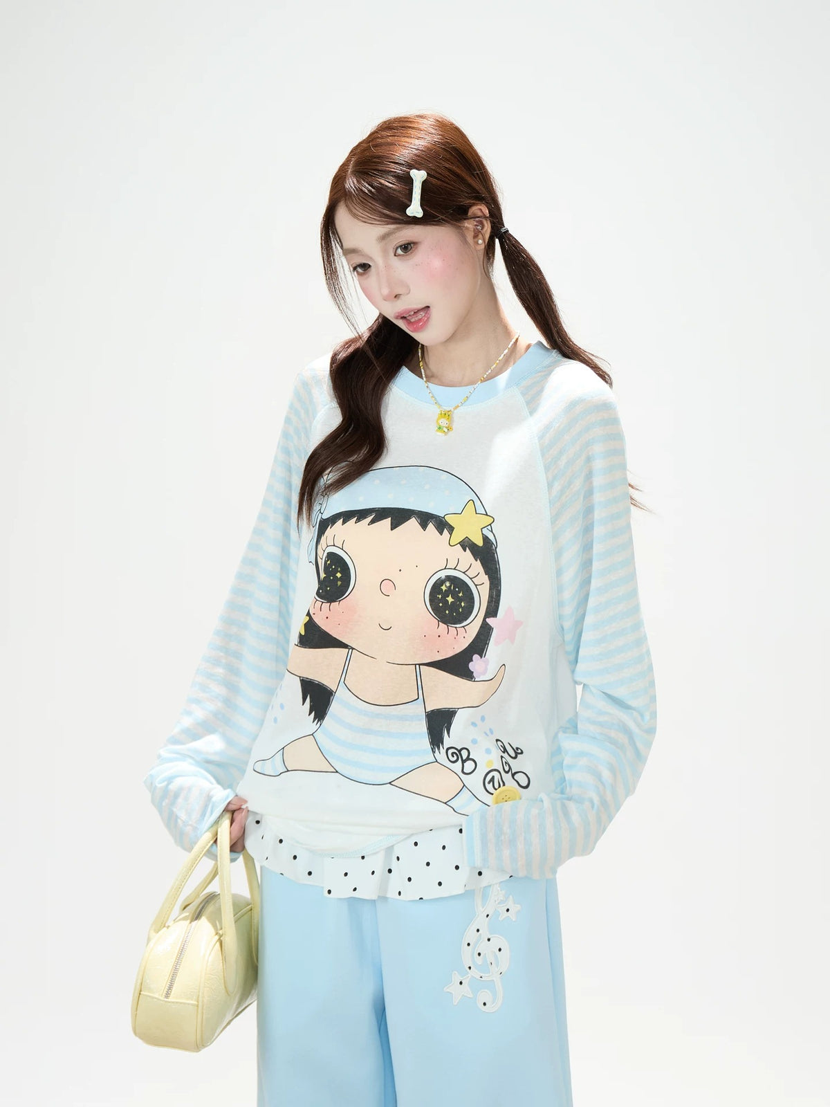 Cartoon Girl Stripe Raglan Long Sleeve Top & Black Polka-Dot Ruffle Skirt