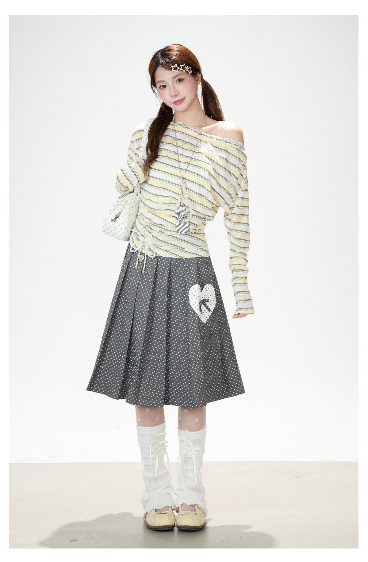 Striped Off-Shoulder Long Sleeve Top & Polka-Dot Midi Skirt