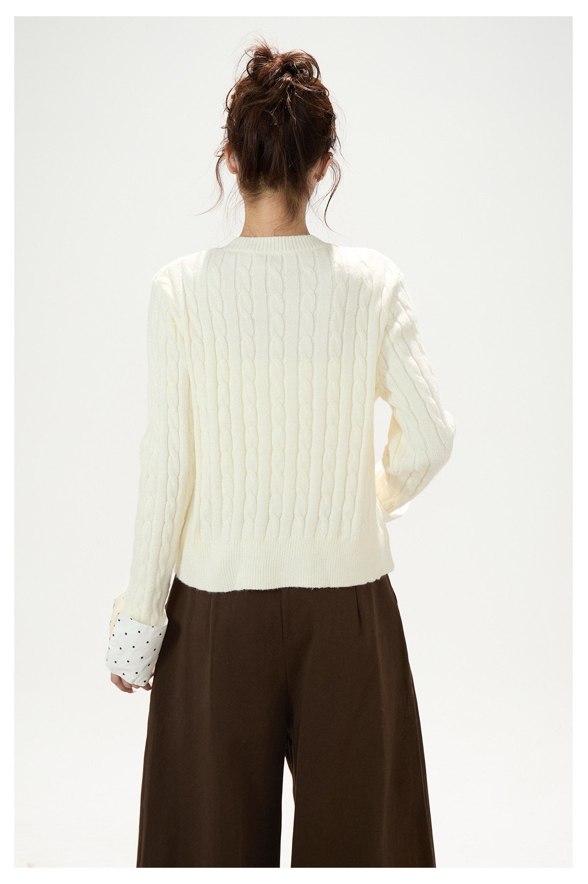 Polka-Dot Bow Knit Cardigan & Black Pinstripe Wide-Leg Pants
