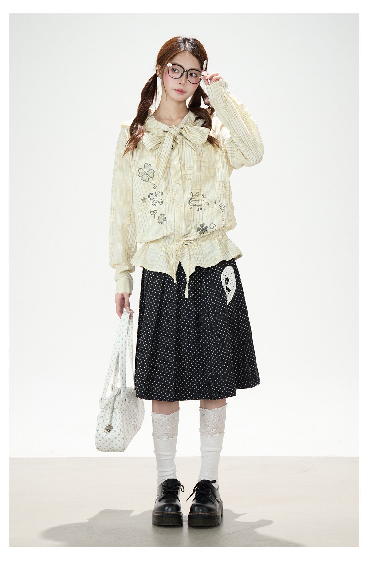 Plaid Hooded Long Sleeve Shirt & Black Polka-Dot Midi Skirt