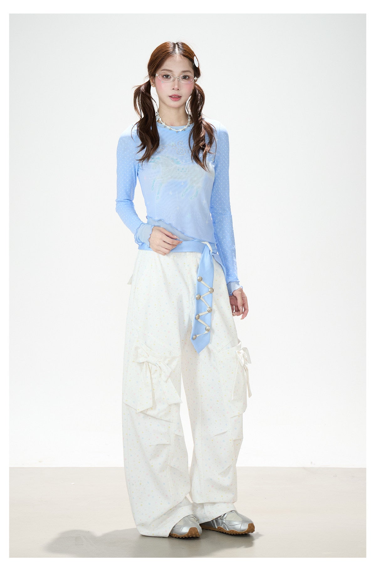 Pastel Star Bow Wide-Leg Cargo Pants