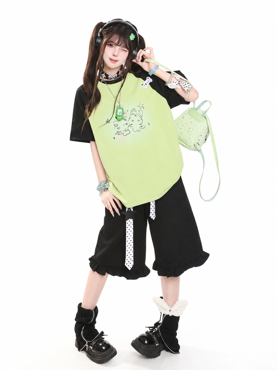 Kitty Sketch Colorblock Raglan Oversized Tee