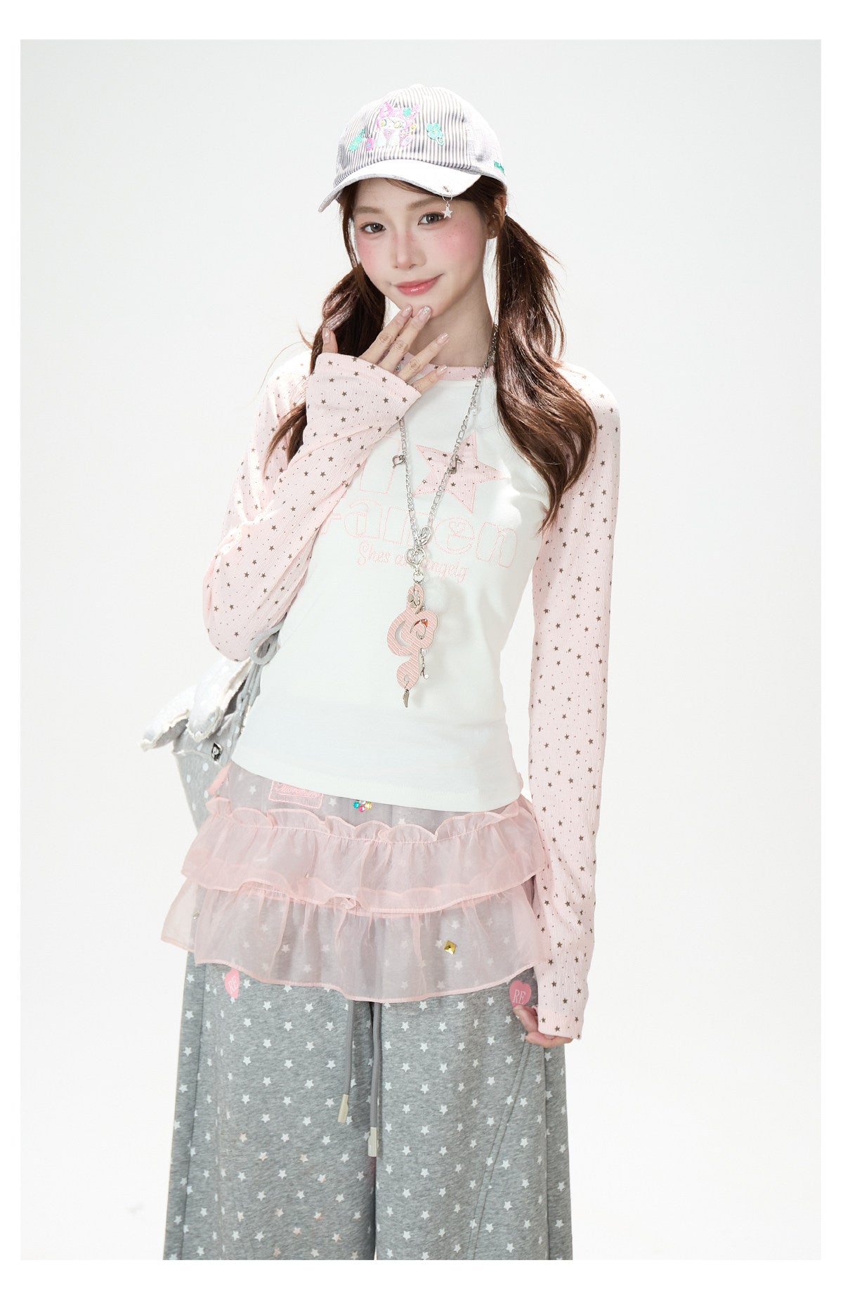 Pink Star Raglan Long Sleeve Top & Gray Heart Star Wide-Leg Pants
