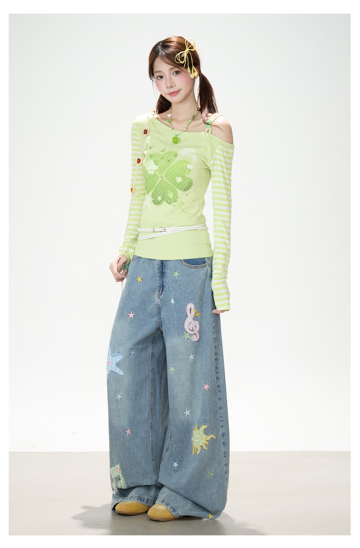 Clover Stripe Off-Shoulder Long Sleeve Top & Star Music Note Wide-Leg Jeans