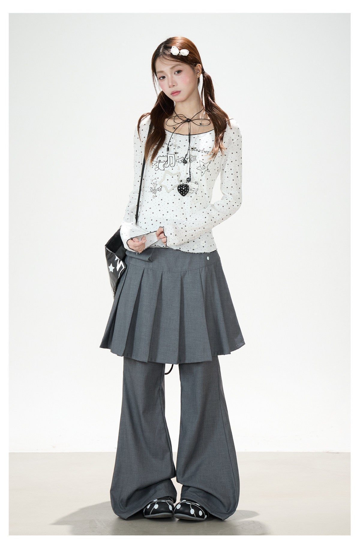 Star Cartoon Fitted Long Sleeve Top & Pleated Skirt-Layer Wide-Leg Pants