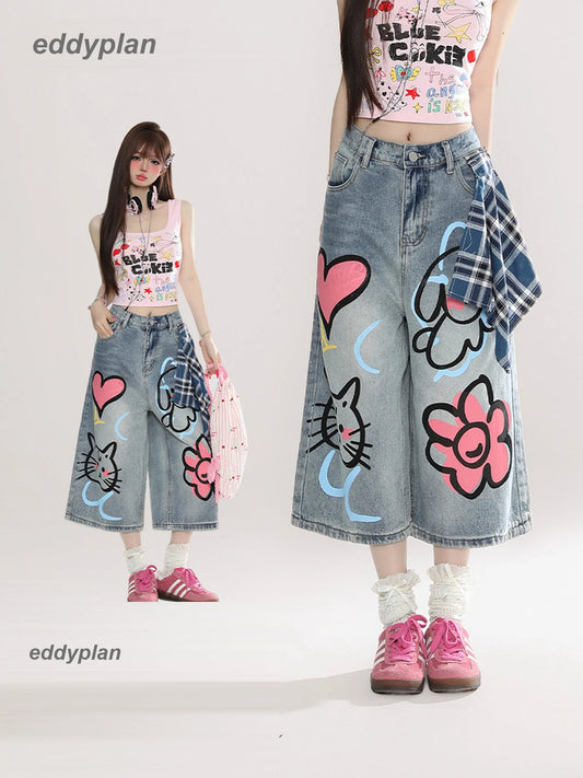 Doodle Art Cropped Wide-Leg Jeans