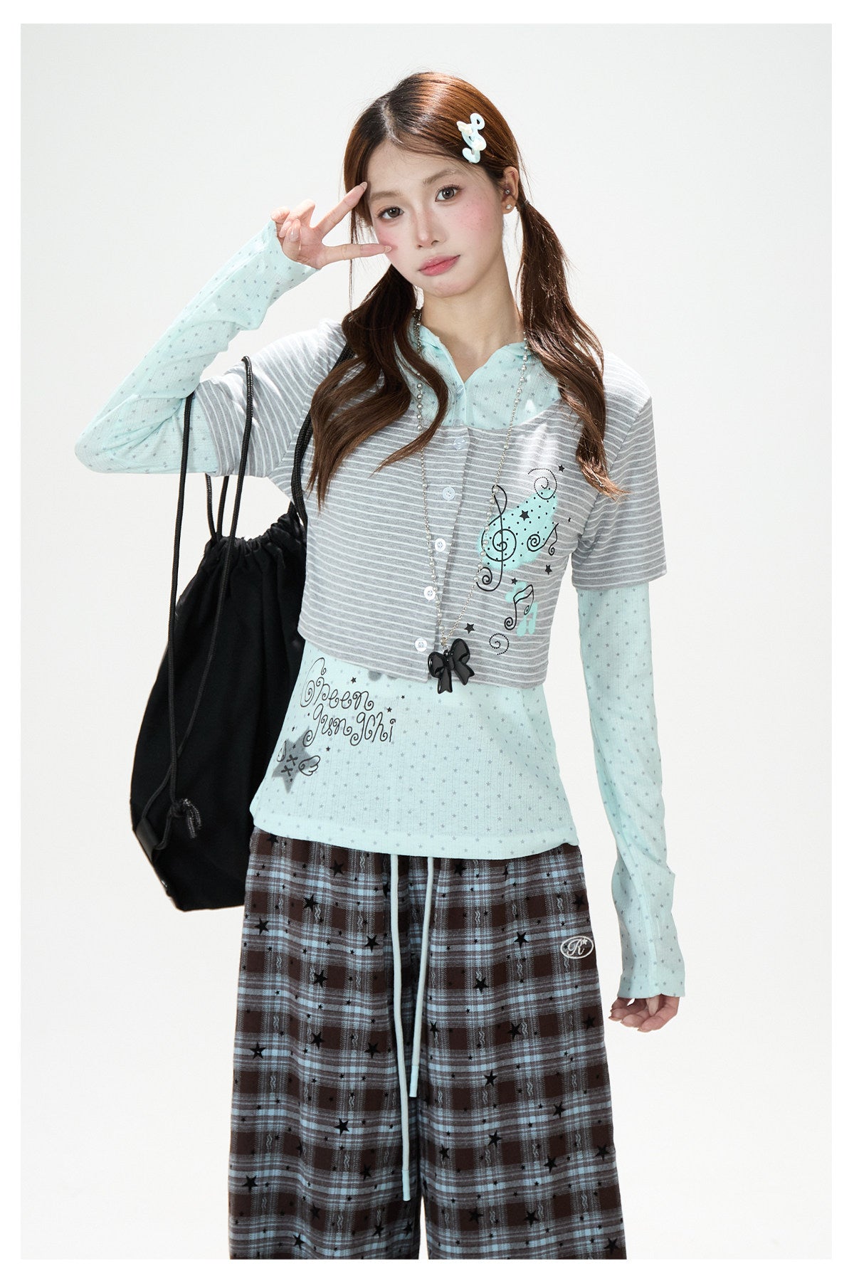 Striped Polka-Dot Layered Two-Piece Top Set & Star Patch Wide-Leg Jeans