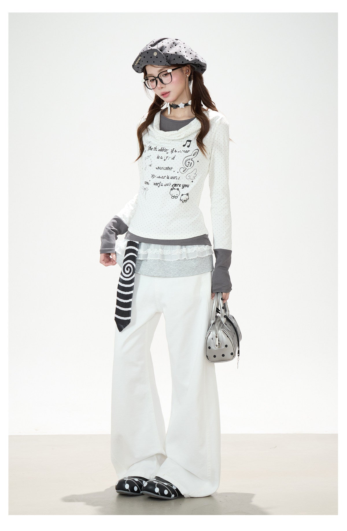 Music Note Cat Polka-Dot Layered Long Sleeve Top & White Wide-Leg Pants
