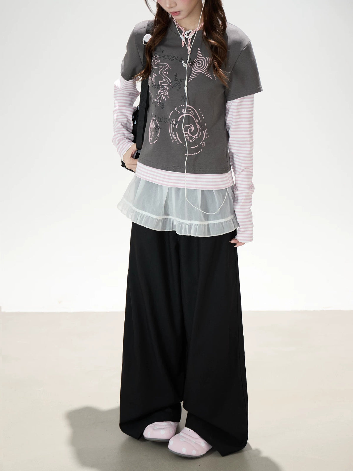 Graffiti Layered Long Sleeve Top & Black Wide-Leg Pants