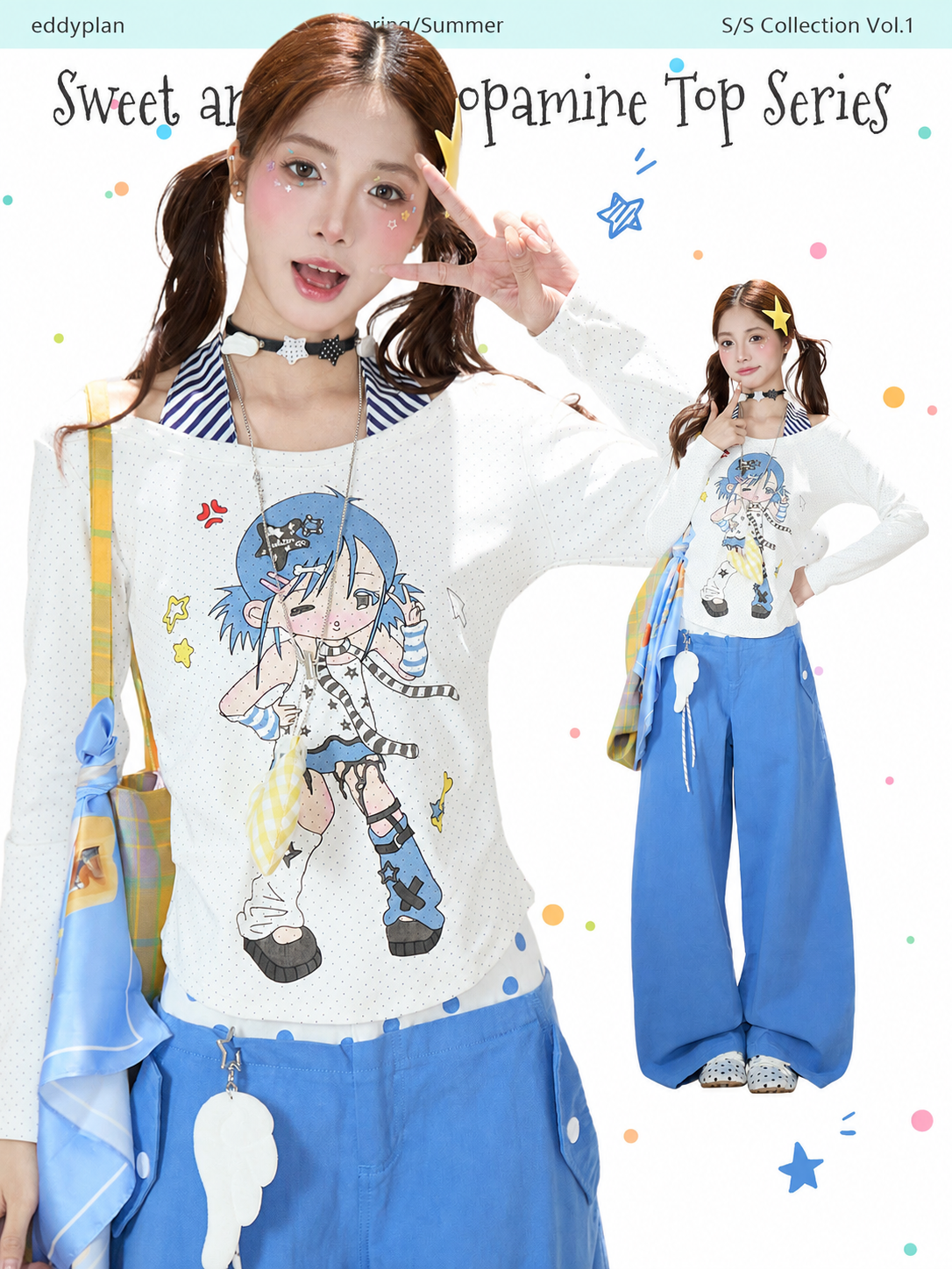 Cartoon Girl Faux-Layered Long Sleeve Top & Polka Dot Waist Wide-Leg Pants