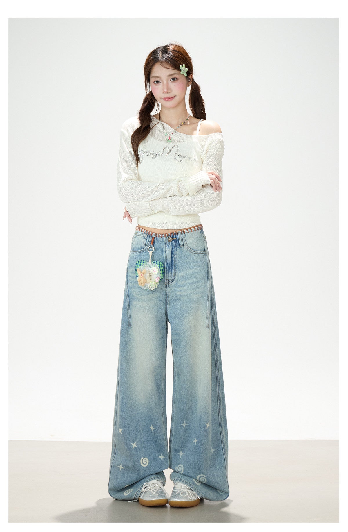 Playful Star Print Washed Wide-Leg Jeans