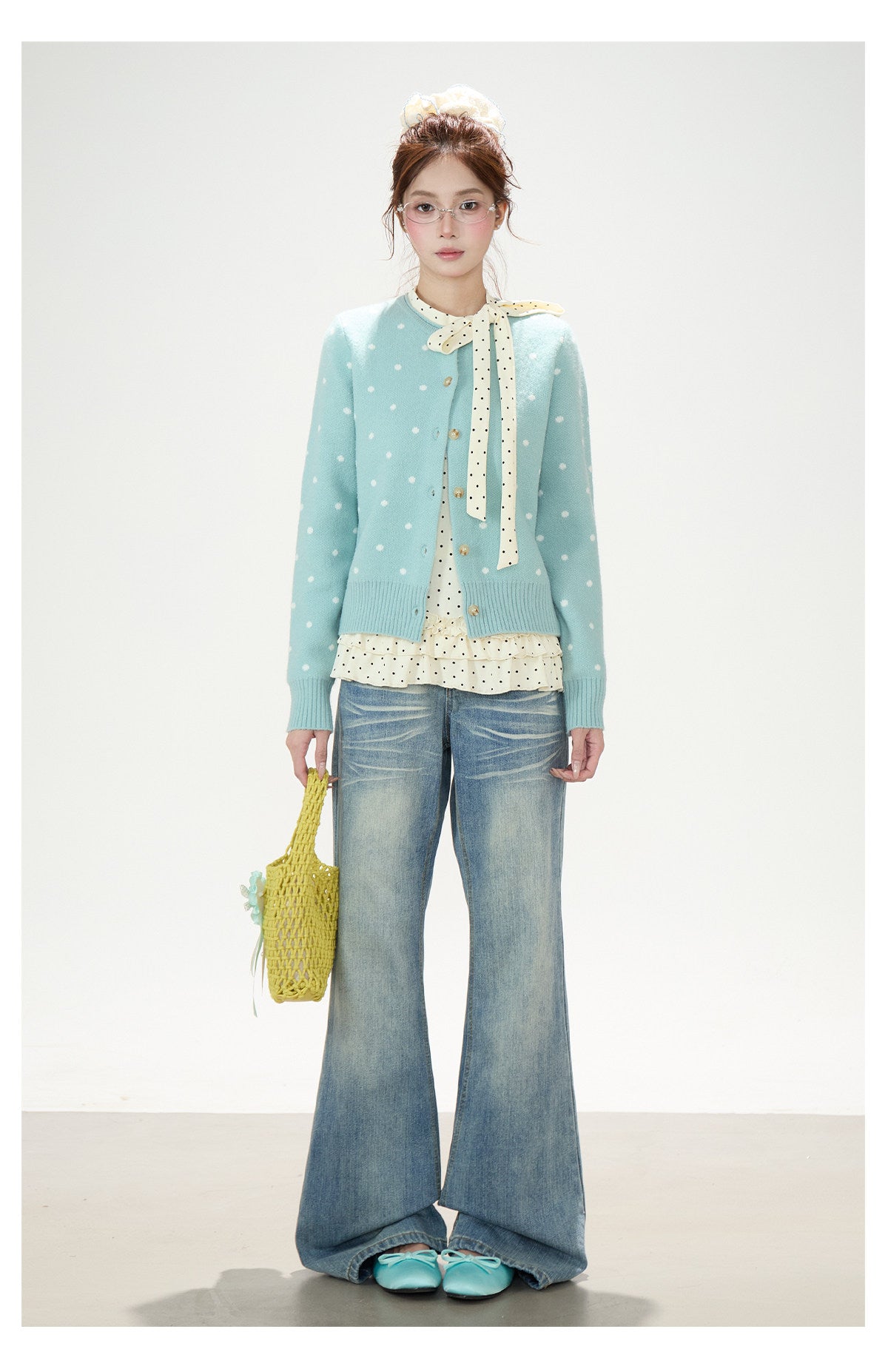 Polka-Dot Bow Ruffle-Hem Long Sleeve Top & Washed Flare Jeans