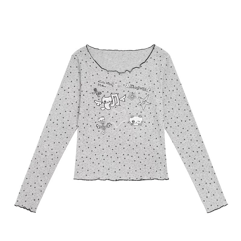Star Cartoon Fitted Long Sleeve Top & Pleated Skirt-Layer Wide-Leg Pants