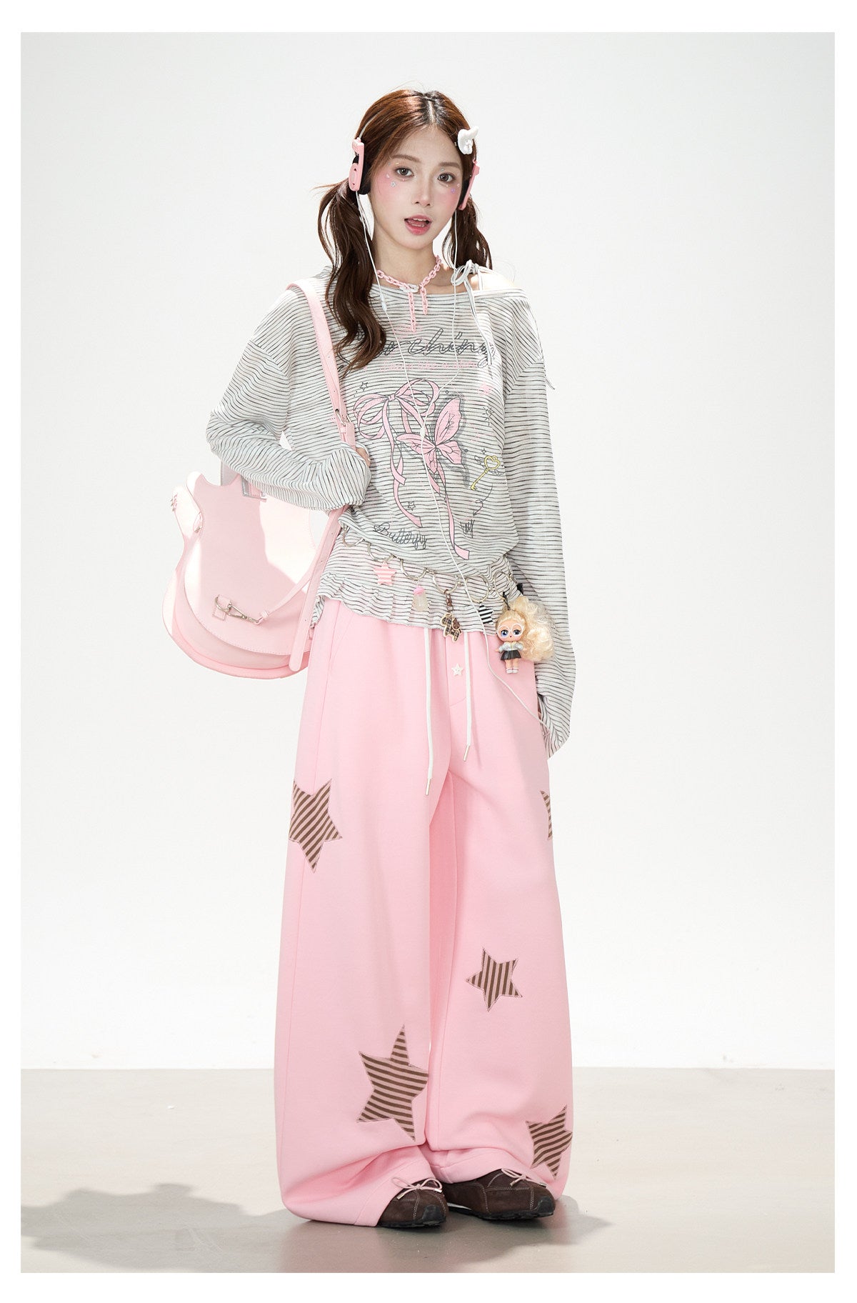 Bow Stripe Off-Shoulder Long Sleeve Top & Pink Wide-Leg Pants