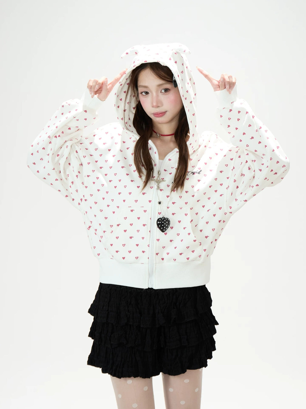 Heart Print Zip-Up Hoodie & Black Tiered Ruffle Mini Skirt