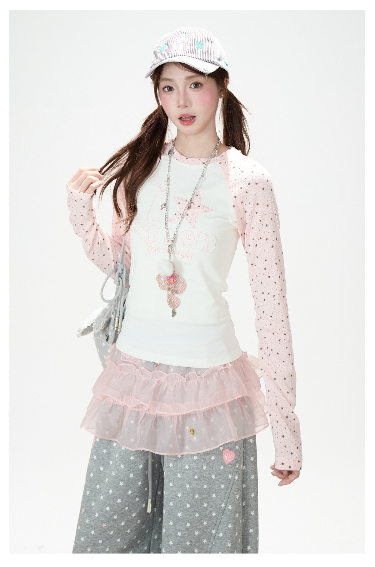 Pink Star Raglan Long Sleeve Top & Gray Heart Star Wide-Leg Pants
