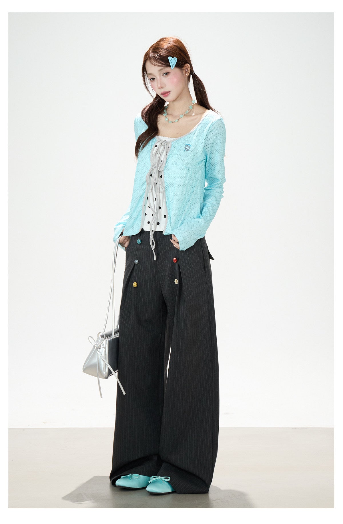 Polka-Dot Tie-Front Layered Long Sleeve Top & Pinstripe Button Wide-Leg Pants