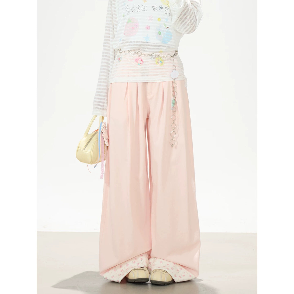 Playful Stripe Graphic Sheer Long Sleeve Top & Pink Wide-Leg Pants