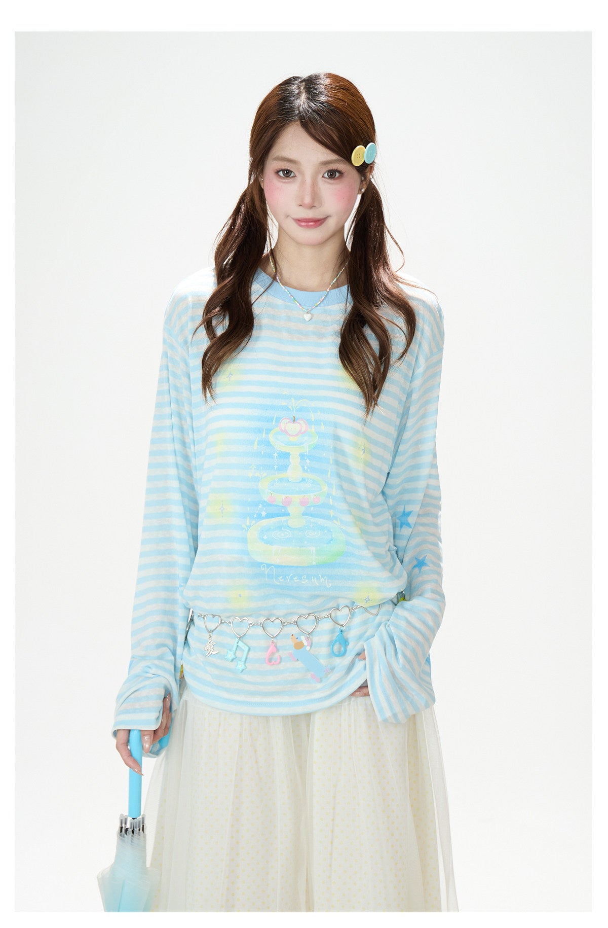 Pastel Stripe Cartoon Drawstring Long Sleeve Top & Khaki Wide-Leg Pants