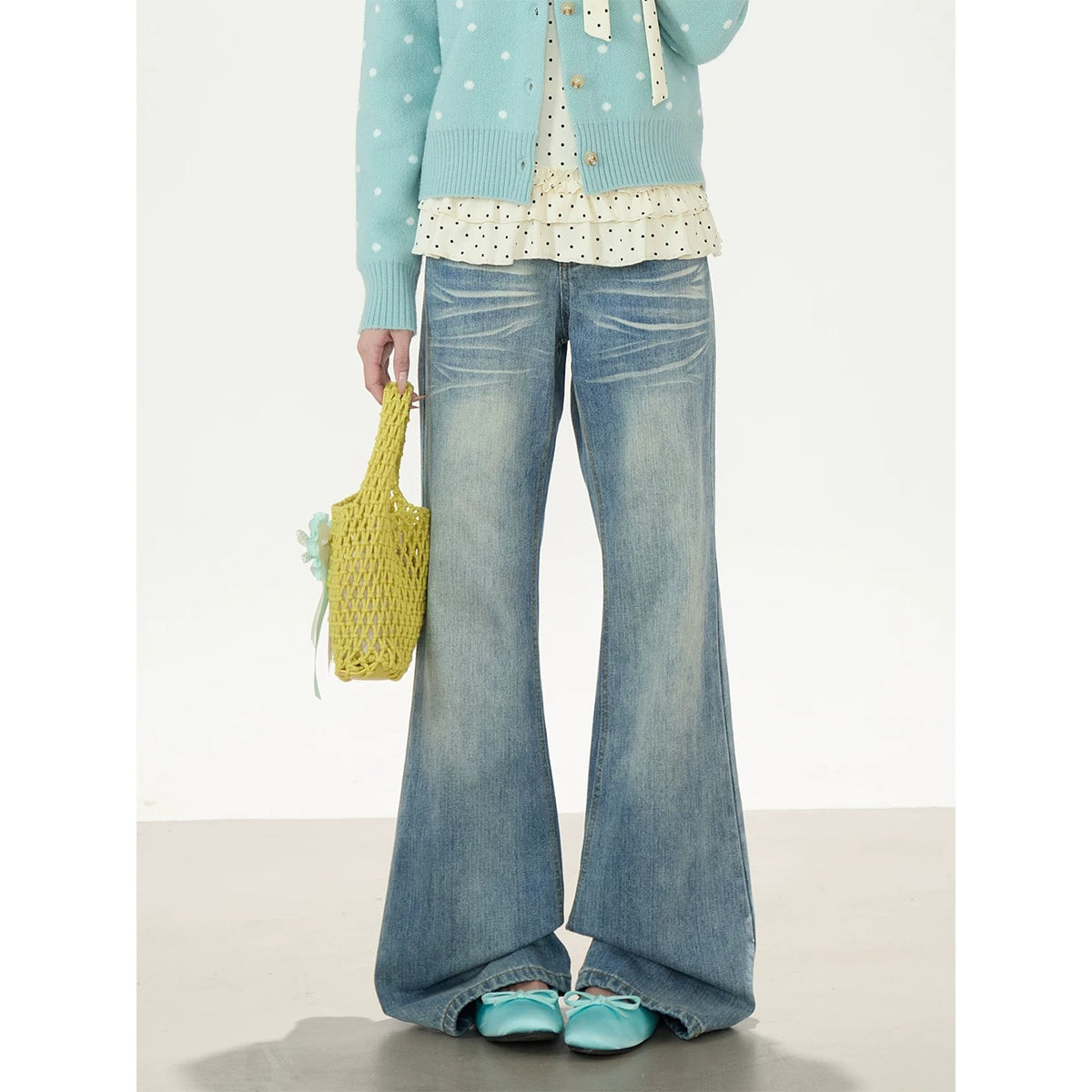 Polka-Dot Bow Ruffle-Hem Long Sleeve Top & Washed Flare Jeans