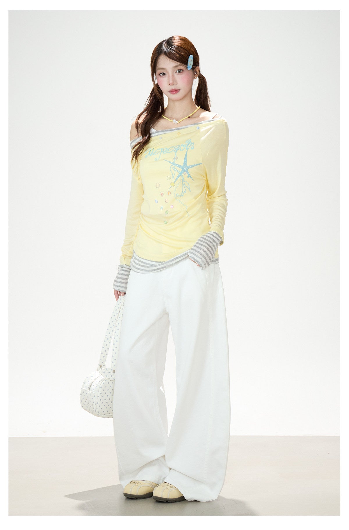 Starfish Off-Shoulder Layered Long Sleeve Top & White Wide-Leg Pants