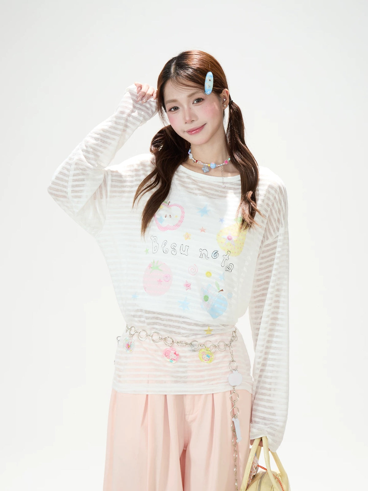 Playful Stripe Graphic Sheer Long Sleeve Top & Pink Wide-Leg Pants
