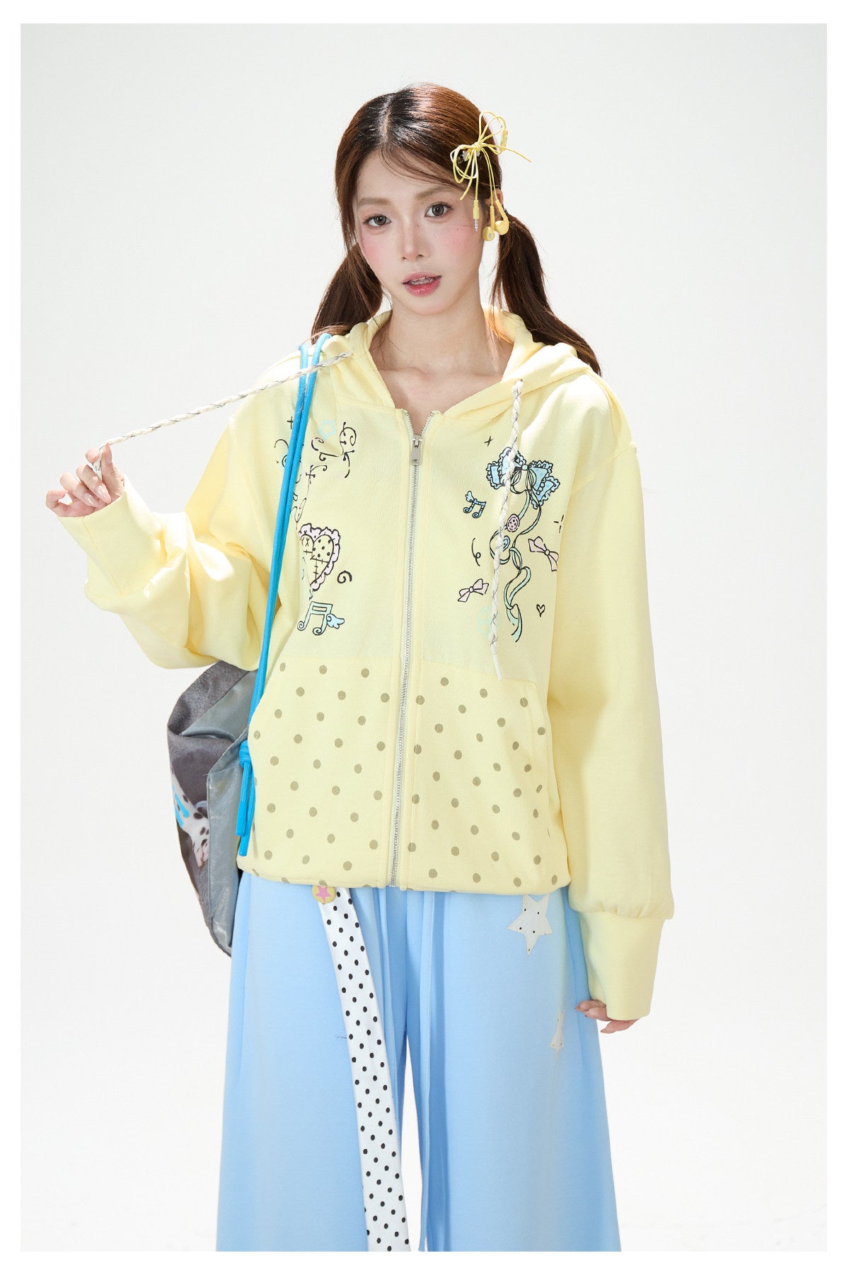 Bow Music Note Polka-Dot Zip-Up Hoodie & Blue Star Wide-Leg Pants