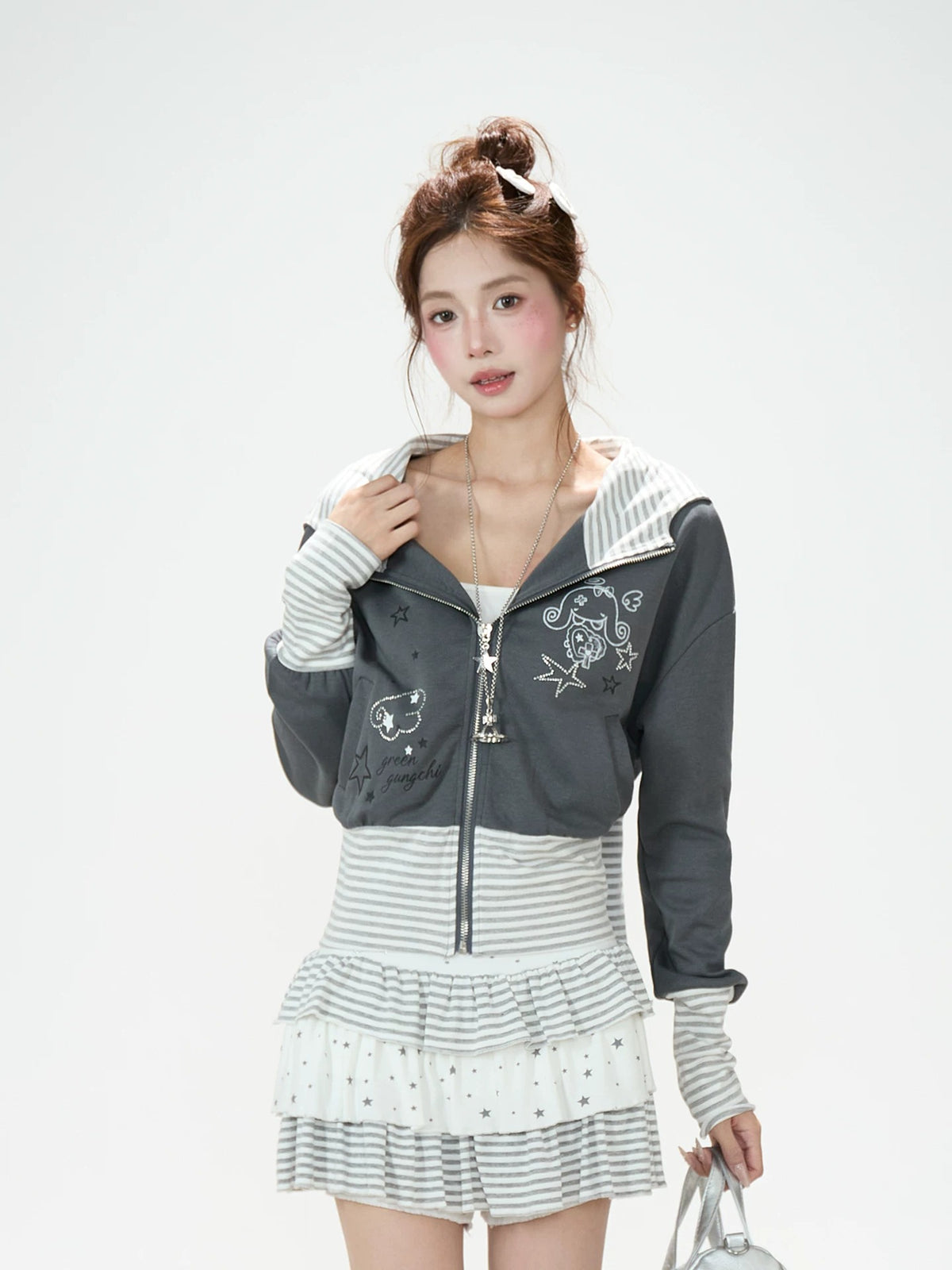 Cartoon Stripe Bunny-Ear Zip-Up Hoodie