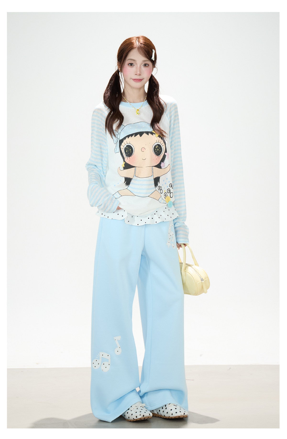 Cartoon Girl Stripe Raglan Long Sleeve Top & Black Polka-Dot Ruffle Skirt