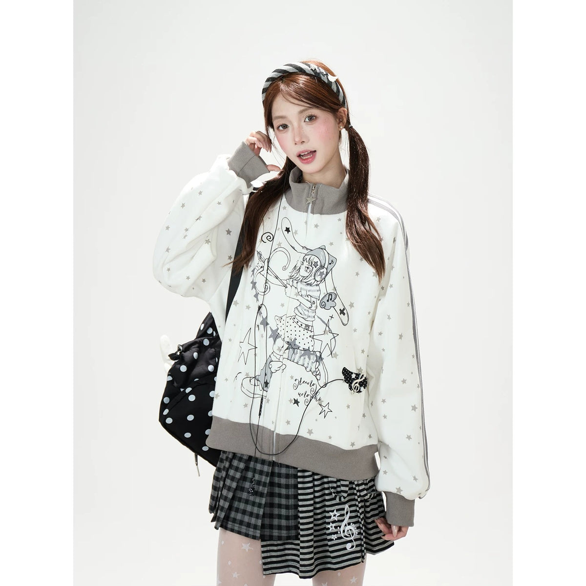 Star Girl Graphic Stand-Collar Jacket & Gray Layered Mini Skirt