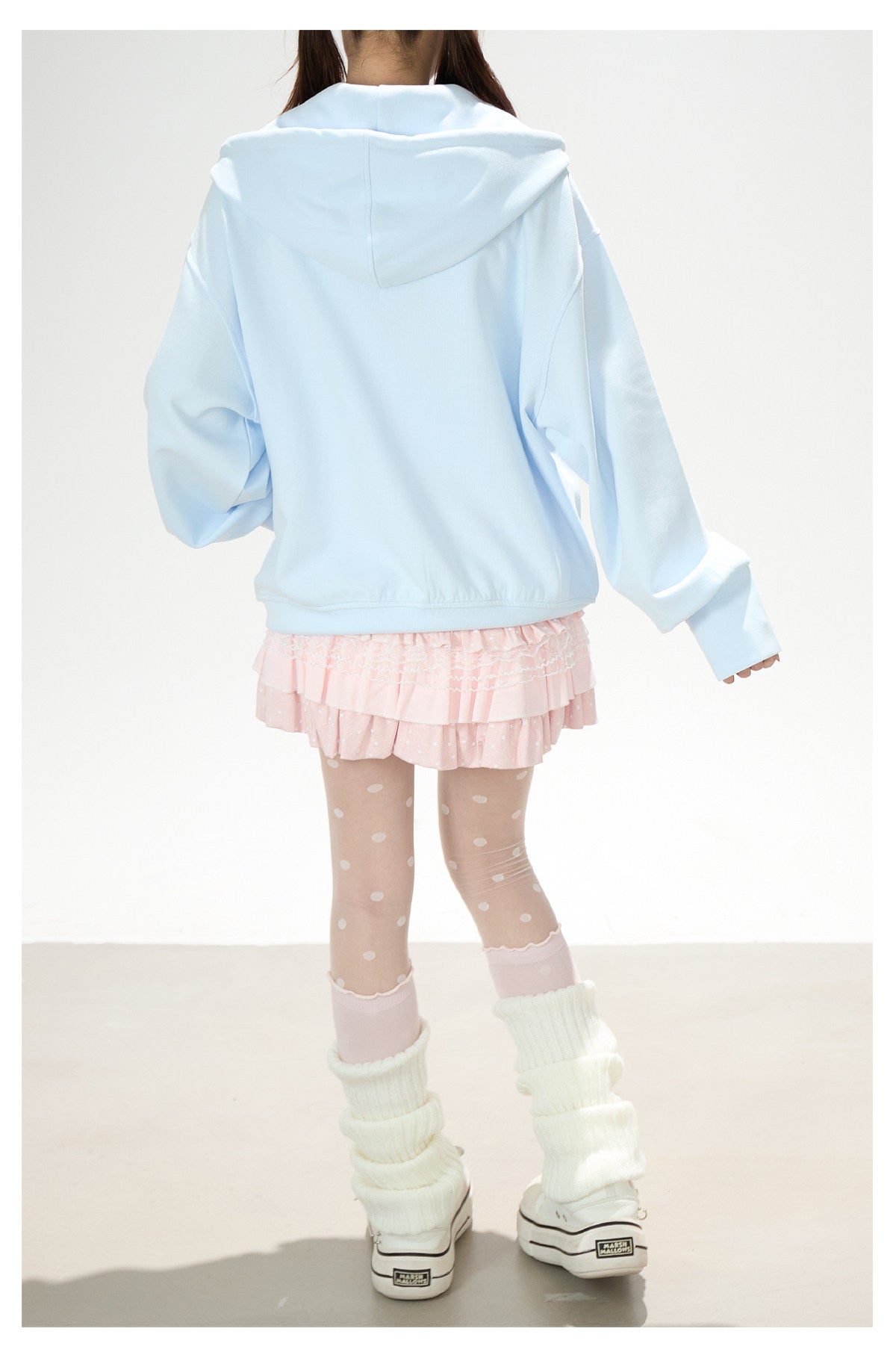 Hand-Drawn Polka-Dot Zip-Up Hoodie & Pink Ruffle Mini Skirt