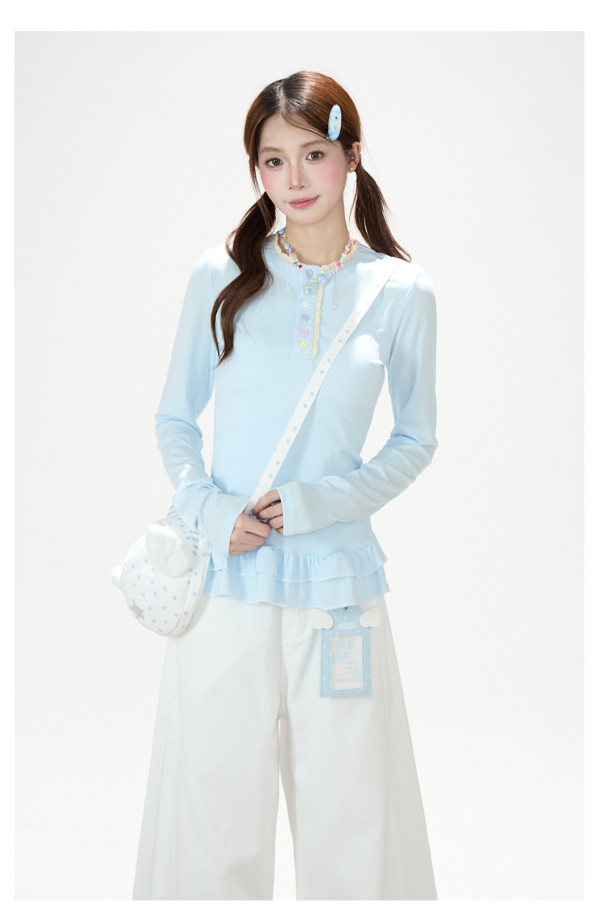 Ruffle Hem Button Long Sleeve Top & White Wide-Leg Pants