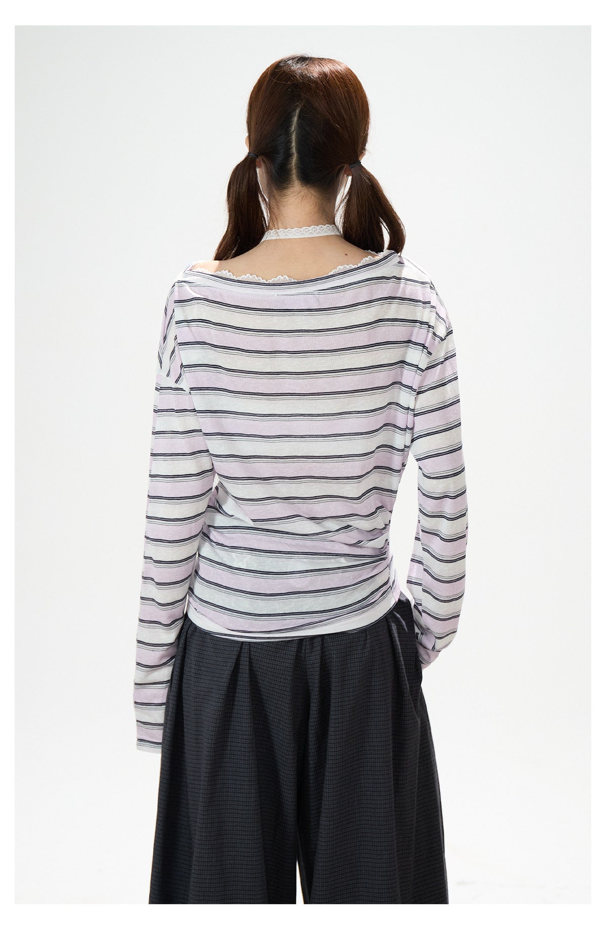 Striped Off-Shoulder Long Sleeve Top & Black Wide-Leg Pants