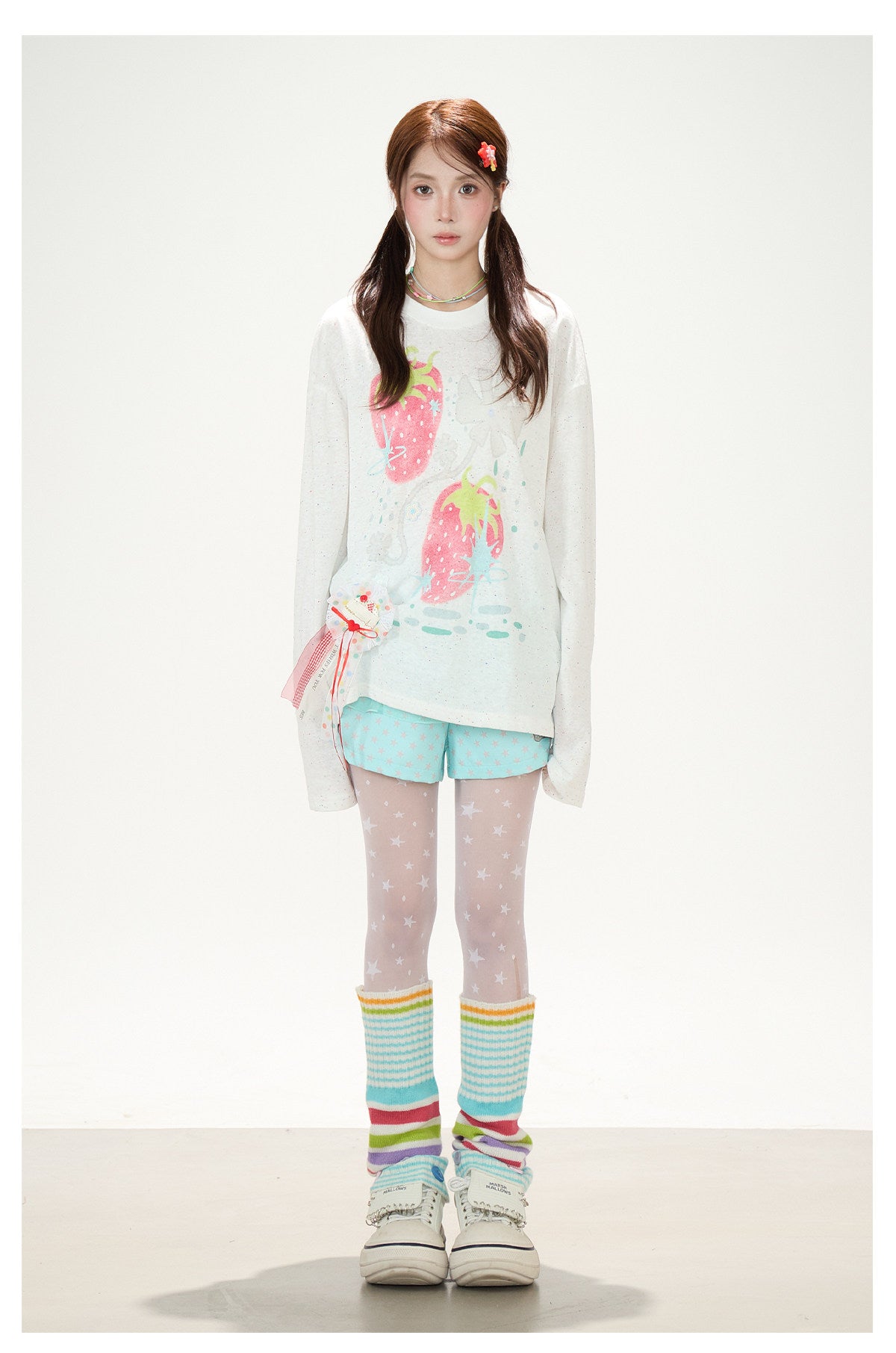 Strawberry Doodle Long Sleeve Tee & Aqua Polka-Dot Shorts