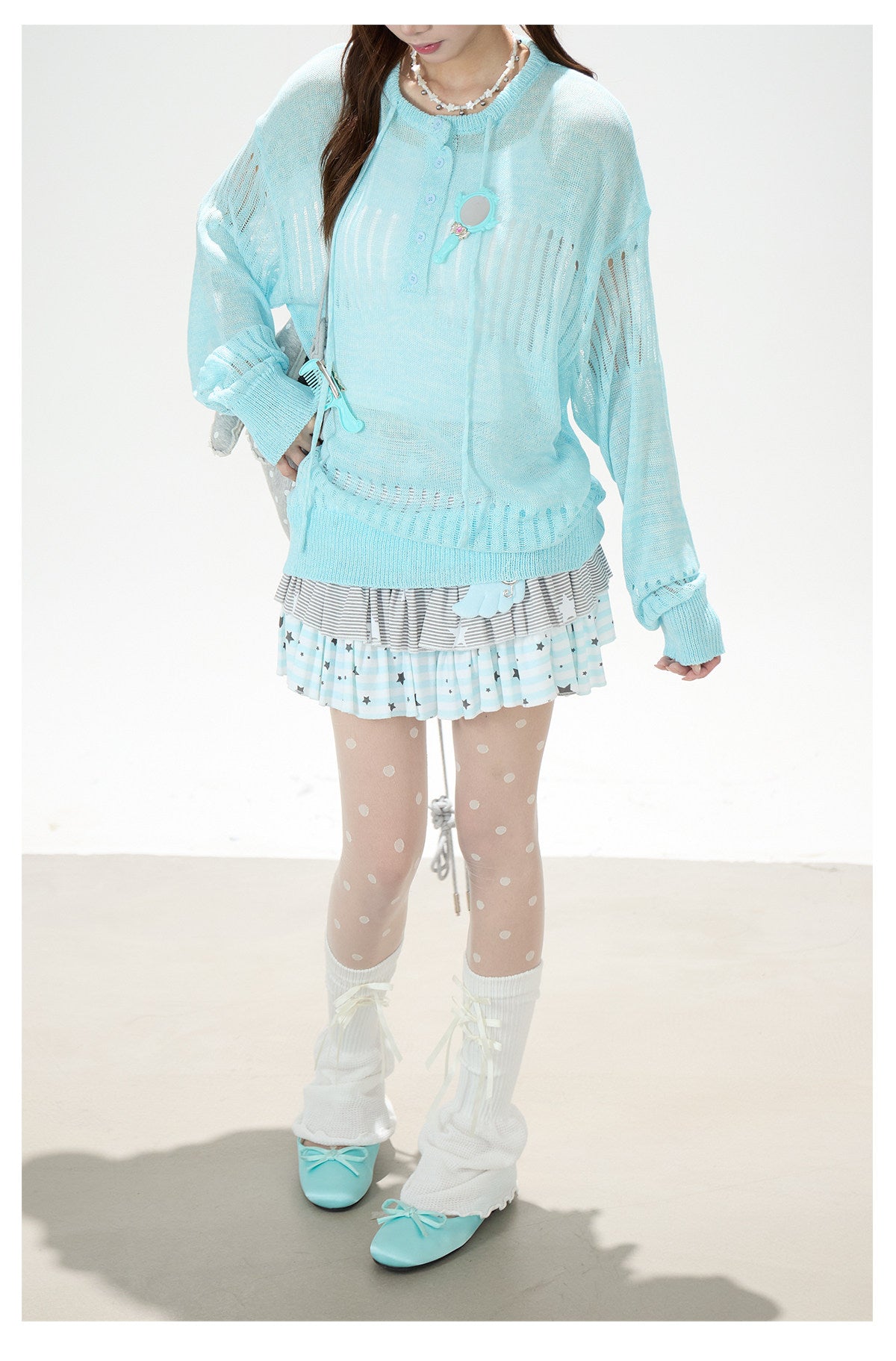 Openwork Knit Long Sleeve Top & Light Blue Layered Ruffle Mini Skirt
