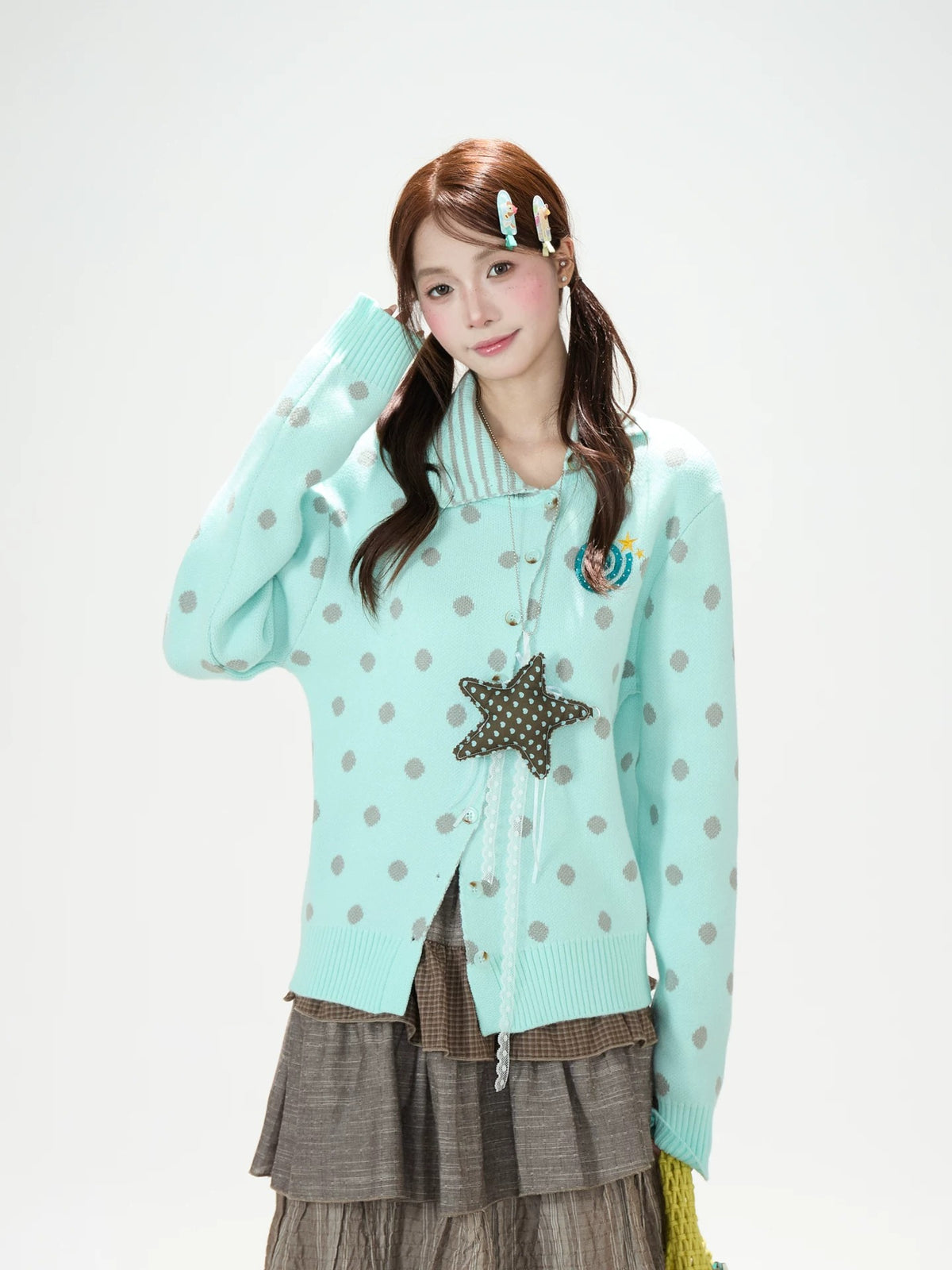 Polka-Dot Asymmetric Knit Cardigan & Tiered Midi Skirt