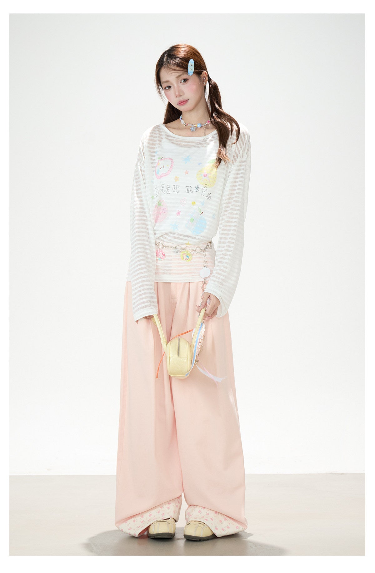 Playful Stripe Graphic Sheer Long Sleeve Top & Pink Wide-Leg Pants
