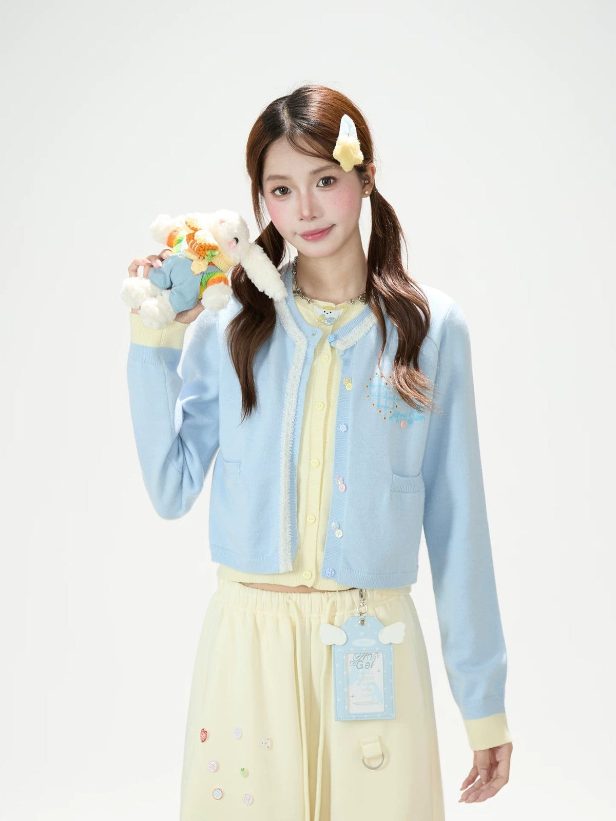 Faux Layered Soft Knit Cardigan & Apple Star Patch Wide-Leg Pants