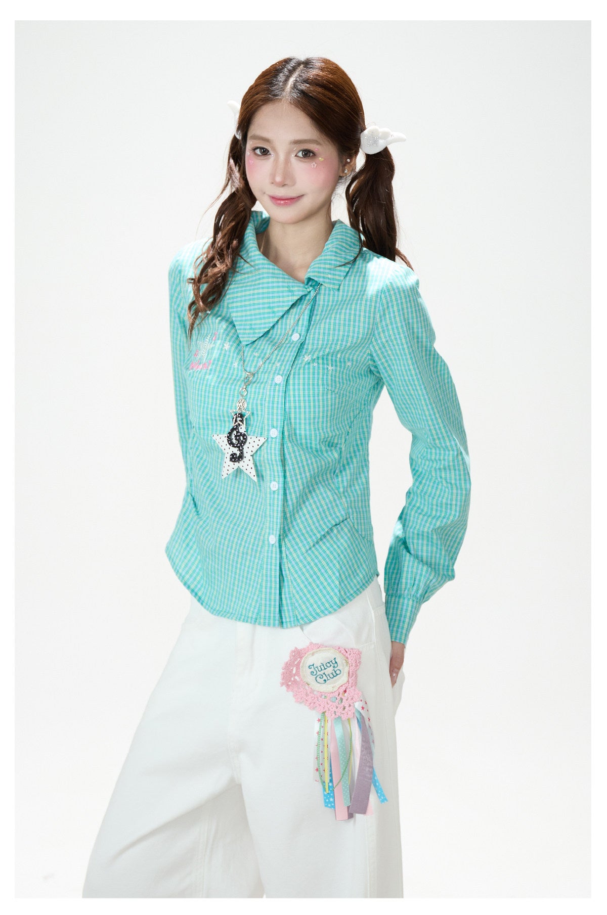 Green Check Fitted Shirt & White Wide-Leg Pants