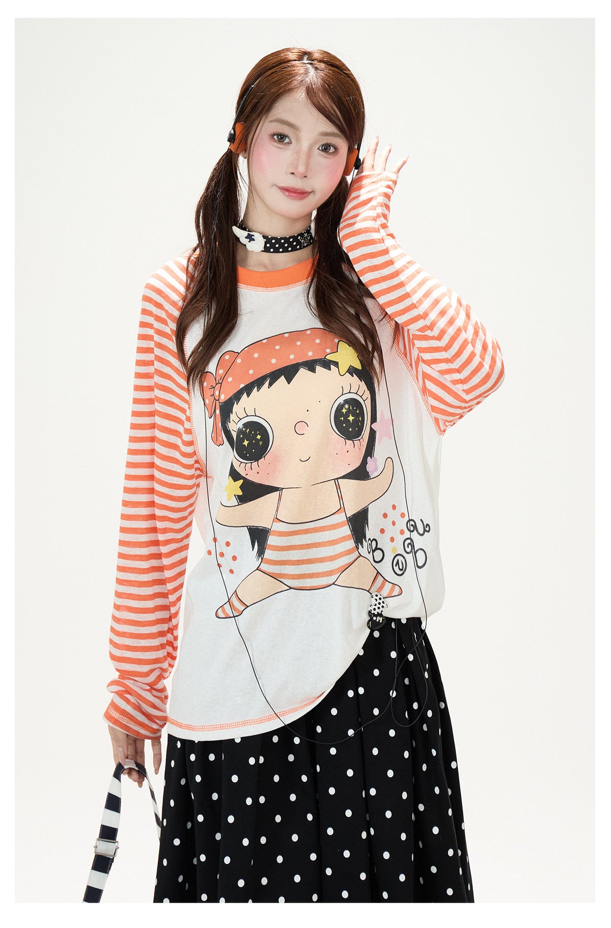 Cartoon Girl Stripe Raglan Long Sleeve Top & Black Polka-Dot Ruffle Skirt
