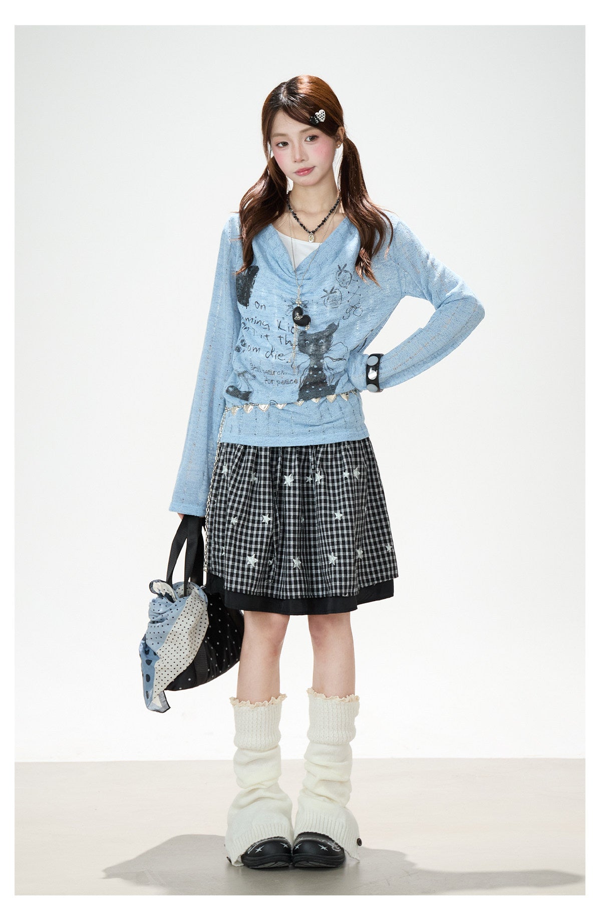 Cartoon Graffiti Cowl-Neck Long Sleeve Top & Black Plaid Lace Mini Skirt