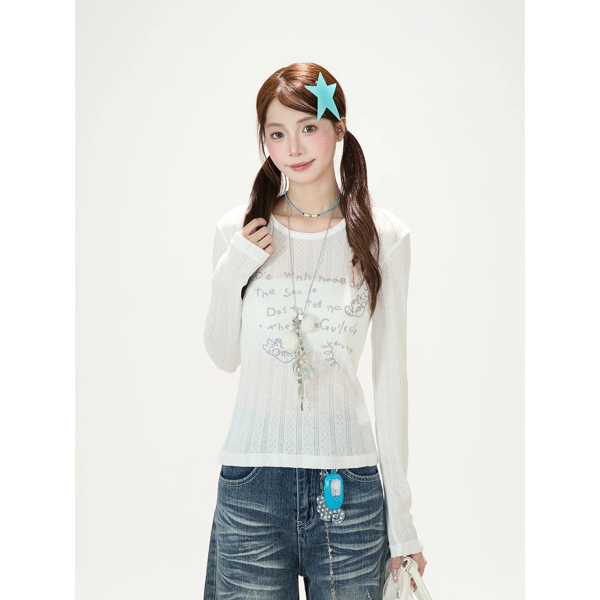 Sheer Cat Doodle Long Sleeve Top, Polka-Dot Cami & Washed Wide-Leg Jeans