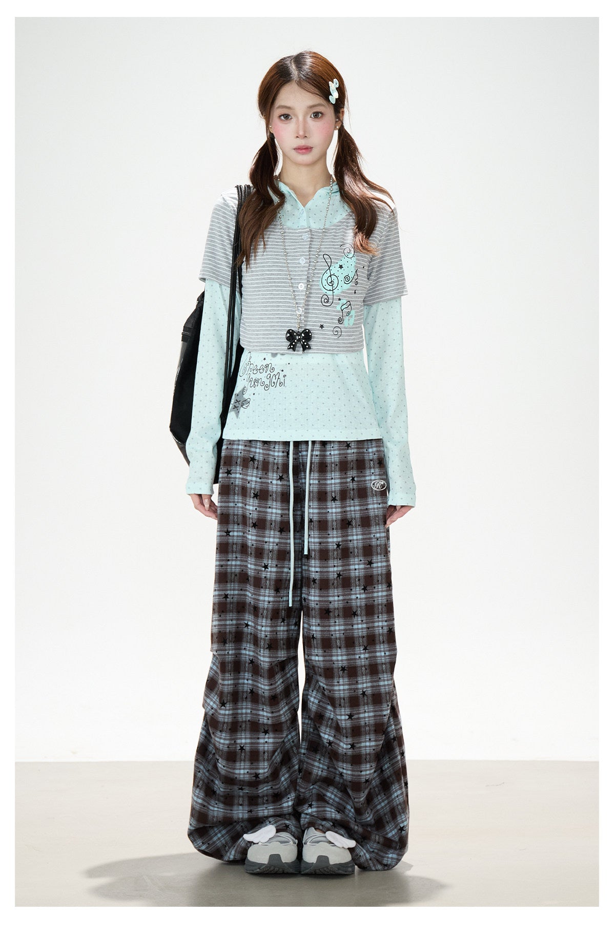 Striped Polka-Dot Layered Two-Piece Top Set & Star Patch Wide-Leg Jeans